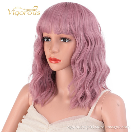Best Hair Short Vendors High Quality Temperature With Bang Loose Wave Deep Pink Wholesale Wigs Synthetic